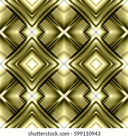 seamless pattern of diamonds in the form of metal plates and stripes of shiny gold crosses and elements reflect light