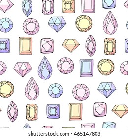 Seamless pattern with diamonds, gem stones,jewellery. Endless texture, white, yellow,blue and pink color.