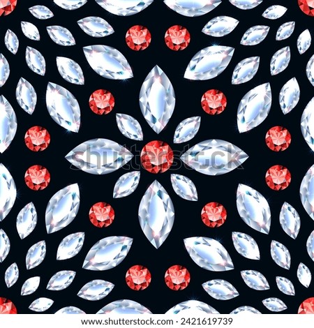 Seamless pattern of diamonds. Gemstones in the shape of a flower. Jewelry for birthday, anniversary, christmas, valentine's day. 3D realistic neon. Black background vector.