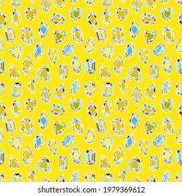 Seamless pattern diamonds geometry sketch doodles, hand drawn crystals, mustard, white gold, sunshine yellow baby blue, sky blue, mustard. Can be used for gift wrap, fabrics, wallpapers. Vector
