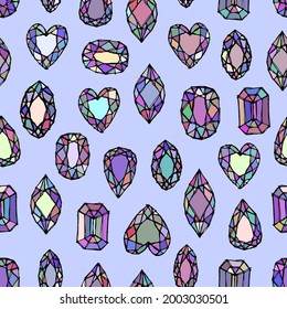 Seamless pattern diamonds geometry sketch doodles, hand drawn crystals, lavender, lilac violet, amethyst purple blue. Can be used for gift wrap, fabrics, wallpapers. Vector