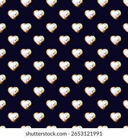 Seamless pattern of diamonds in a gold frame in the shape of hearts on a dark blue background. Vector