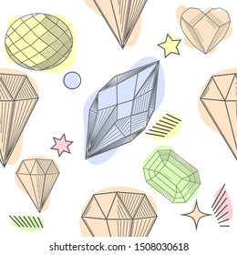 Seamless pattern with diamonds, jems, stones and abstract shapes on white background. Trendy hipster design with minerals and crystals. Abstract pattern with geometric shapes