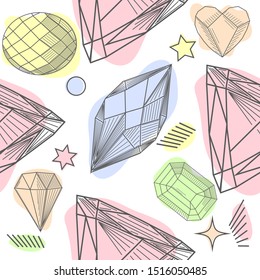 Seamless pattern with diamonds, jems, stones and abstract shapes on white background. Trendy hipster design with minerals and crystals. Abstract pattern with geometric shapes