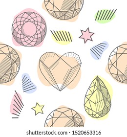 Seamless pattern with diamonds, jems, stones and abstract shapes on white background. Trendy hipster design with minerals and crystals. Abstract pattern with geometric shapes