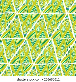 Seamless pattern with diamonds made of hand drawn ornamental triangles on black background. Clipping mask is used, vector illustration.