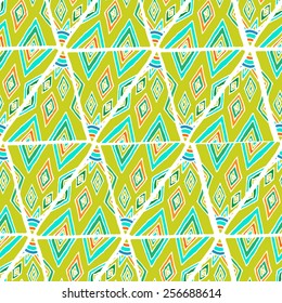 Seamless pattern with diamonds made of hand drawn ornamental triangles on black background. Clipping mask is used, vector illustration.