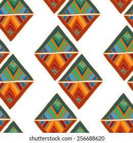 Seamless pattern with diamonds made of hand drawn ornamental triangles on black background. Clipping mask is used, vector illustration.