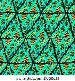 Seamless pattern with diamonds made of hand drawn ornamental triangles on black background. Clipping mask is used, vector illustration.