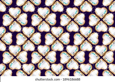 Seamless pattern with diamonds in the shape of a heart in a gold frame. Background for Valentine's Day, Birthday, Women's Day, Anniversary. Dark background.  3D realistic style. Vector.