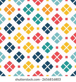Seamless pattern of diamond-shaped tile clusters in bright colors like red, yellow, navy, teal, and coral arranged in a grid layout.