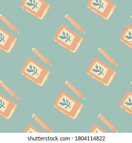 Seamless pattern with diary doodle silhouettes. Book hand drawn ornament in beige color on blue background. Designed for wallpaper, textile, wrapping paper, fabric print. Vector illustration.