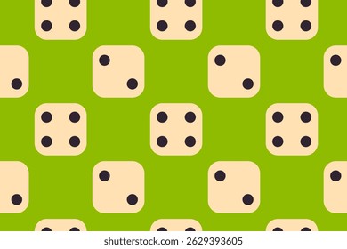 Seamless pattern of dice with different numbers on a bright green background for game or math-themed design projects