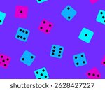 Seamless pattern of dice. Multicolored dice, top view. Casino dice game. Design for apps, banners, booklets, covers. Vector illustration