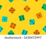 Seamless pattern of dice. Multicolored dice, top view. Casino dice game. Design for apps, banners, booklets, covers. Vector illustration