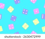 Seamless pattern of dice. Multicolored dice, top view. Casino dice game. Design for apps, banners, booklets, covers. Vector illustration