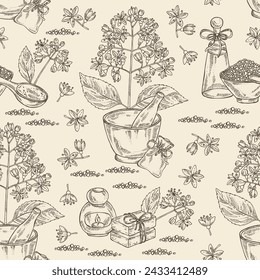 Seamless pattern with dichroa febrifuga lour: dichroa plant, leaves and dichroa febrifuga flowers. Oil, soap and bath salt . Cosmetics and medical plant. Vector hand
