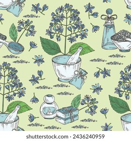 Patrón sin costuras con planta de dicroa febrifuga: planta de dicroa, hojas y flores de dicroa febrifuga. Aceite, jabón y sal de baño. Cosméticos y planta médica. Mano vectorial