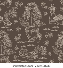 Seamless pattern with dichroa febrifuga lour: dichroa plant, leaves and dichroa febrifuga flowers. Oil, soap and bath salt . Cosmetics and medical plant. Vector hand