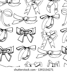 Seamless pattern with diferent monochrome bows. Hand drawn ink sketch isolated on white background. Vector illustration.