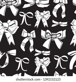 Seamless pattern with diferent white bows on black background. Hand drawn ink and inverted sketch. Vector illustration.
