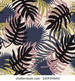 Seamless pattern of different abstract tropical leaves. Separate black, pink, gray and green leaves on a light background. Tropical print for different surfaces.