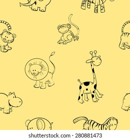Seamless pattern with different African animals on a yellow background.