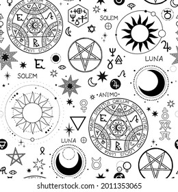 seamless pattern with different alchemical elements