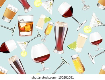 Seamless Pattern of different alcoholic cocktails