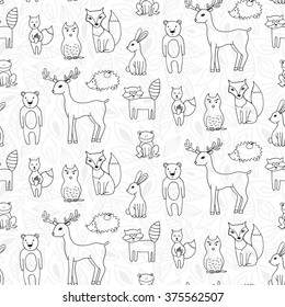Seamless pattern with different animals in a forest in cartoon style. Vector illustration