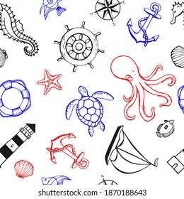 Seamless pattern with different animals and marine objects. Sea or ocean underwater life background. Concept elements. Vector illustration in hand drawn style.