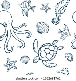 Seamless pattern with different animals and marine objects. Sea or ocean underwater life background. Concept elements. Vector illustration in hand drawn style.