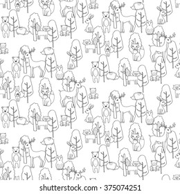 Seamless pattern with different anumals in a forest in cartoon style. Vector illustration