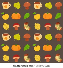 Seamless Pattern With Different Autumn Elements. Fall Fashion Collection. Cute Print For Textile, Wrapping Paper, Clothes, Wallpaper. Cute Background For Harvest Festival, Seasonal Decor. 