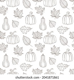 Seamless pattern with different autumn leaves and pumpkins. Autumn harvest, Thanksgiving. Monochrome backdrop with linear Outline doodle elements. Black and white vector pattern on a white background.