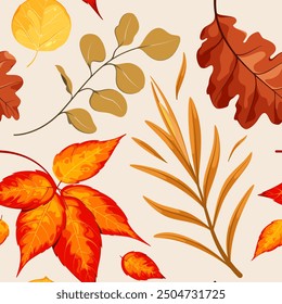 Seamless pattern with different autumn leaves. Vector illustration.
