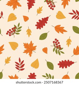 Seamless pattern with different autumn leaves and rowan branches on beige background. Colorful foliage. Fall season print. Vector flat illustration in simple style