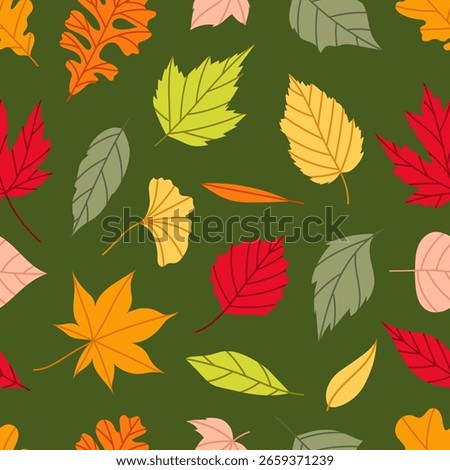 Seamless pattern with different autumn leaves. Cozy fall vibe. Oak, maple, birch, chestnut leaves. For school theme, textile, fabric, wallpaper.