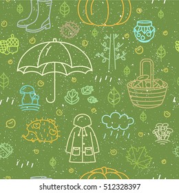 Seamless pattern with different autumn symbols. Linear nature icons background.