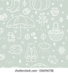 Seamless pattern with different autumn symbols. Linear nature icons background. Vector illustration.