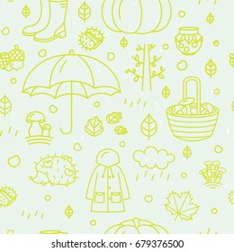 Seamless pattern with different autumn symbols. Linear nature icons background. Vector illustration.