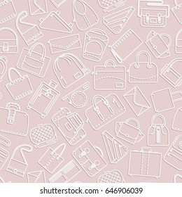 Seamless pattern. Different bags and cases in linear icons style. Pink color with shadow. Vector illustration.