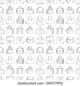 Seamless pattern with different bags in a sketch style. Vector illustration.