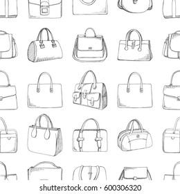 Seamless pattern with different bags in a sketch style. Vector illustration.