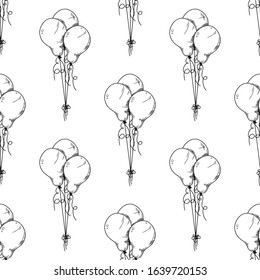 Seamless pattern. Different balloons. Inflatable balls on a string. Vector illustration in sketch style