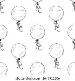 Seamless pattern. Different balloons. Inflatable balls on a string. Vector illustration in sketch style