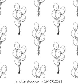 Seamless pattern. Different balloons. Inflatable balls on a string. Vector illustration in sketch style