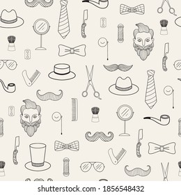 Seamless pattern with different barbershop tools and man hairstyle. Can be used for wallpaper, textile, wrapping, web design.