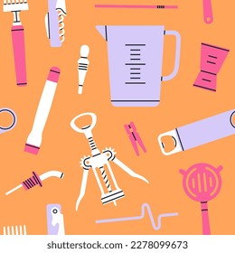 Seamless pattern with different bartender tools: strainer, jigger, wine opener etc. Hand drawn vector illustration in trendy colors. Cocktail shaker bar equipment. Party concept.