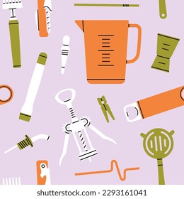 Seamless pattern with different bartender tools: strainer, jigger, wine opener etc. Hand drawn vector illustration in trendy colors. Cocktail shaker bar equipment. Party concept.